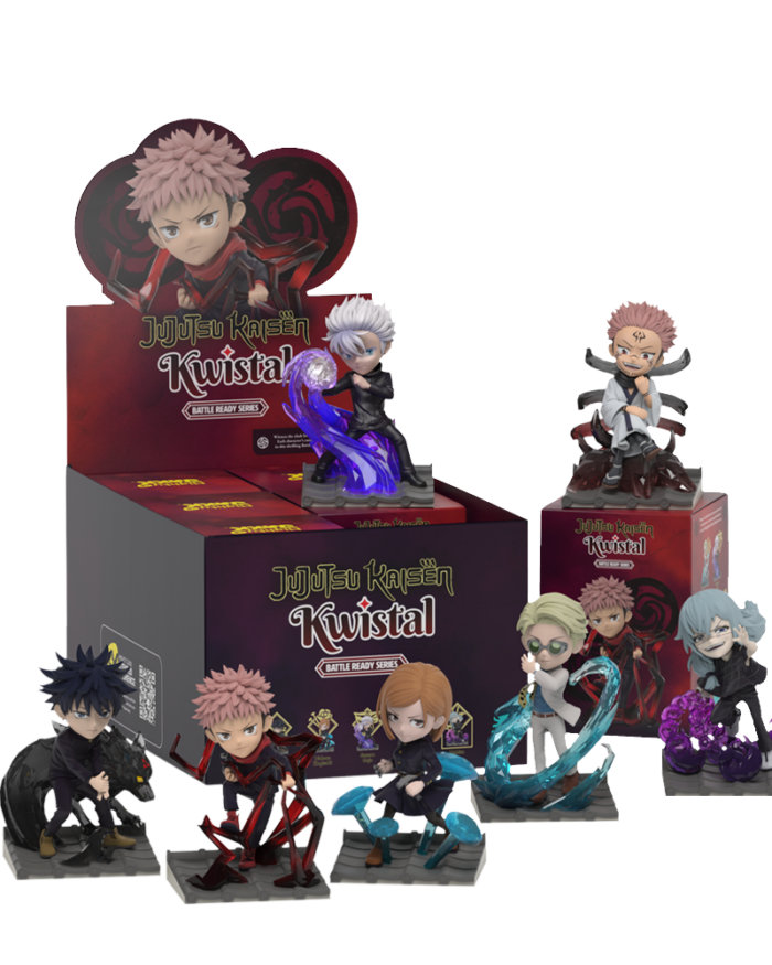 Kwistal Jujutsu Kaisen blind box feature image with Yuji, Gojo, Megumi, Nobara, Nanami, Mahito, and Sukuna figures.