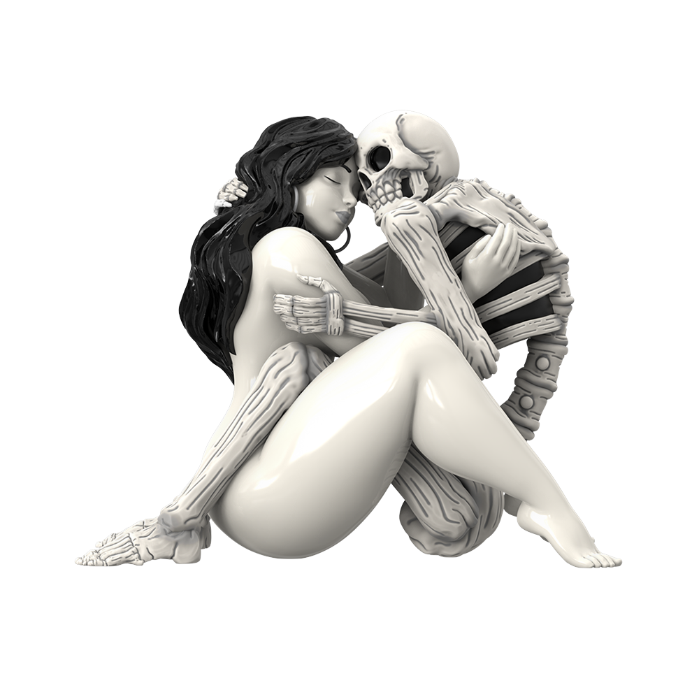 Female figure and skeletal partner entwined in an intimate seated embrace, detailed anatomical style in neutral tones.