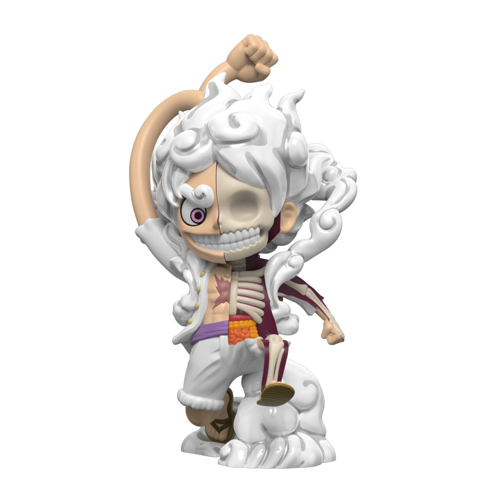 XXRAY+ Luffy Gear 5 figure with cloud-like white hair, raised fist, and half-dissected anatomy in Freeny’s dissected style.