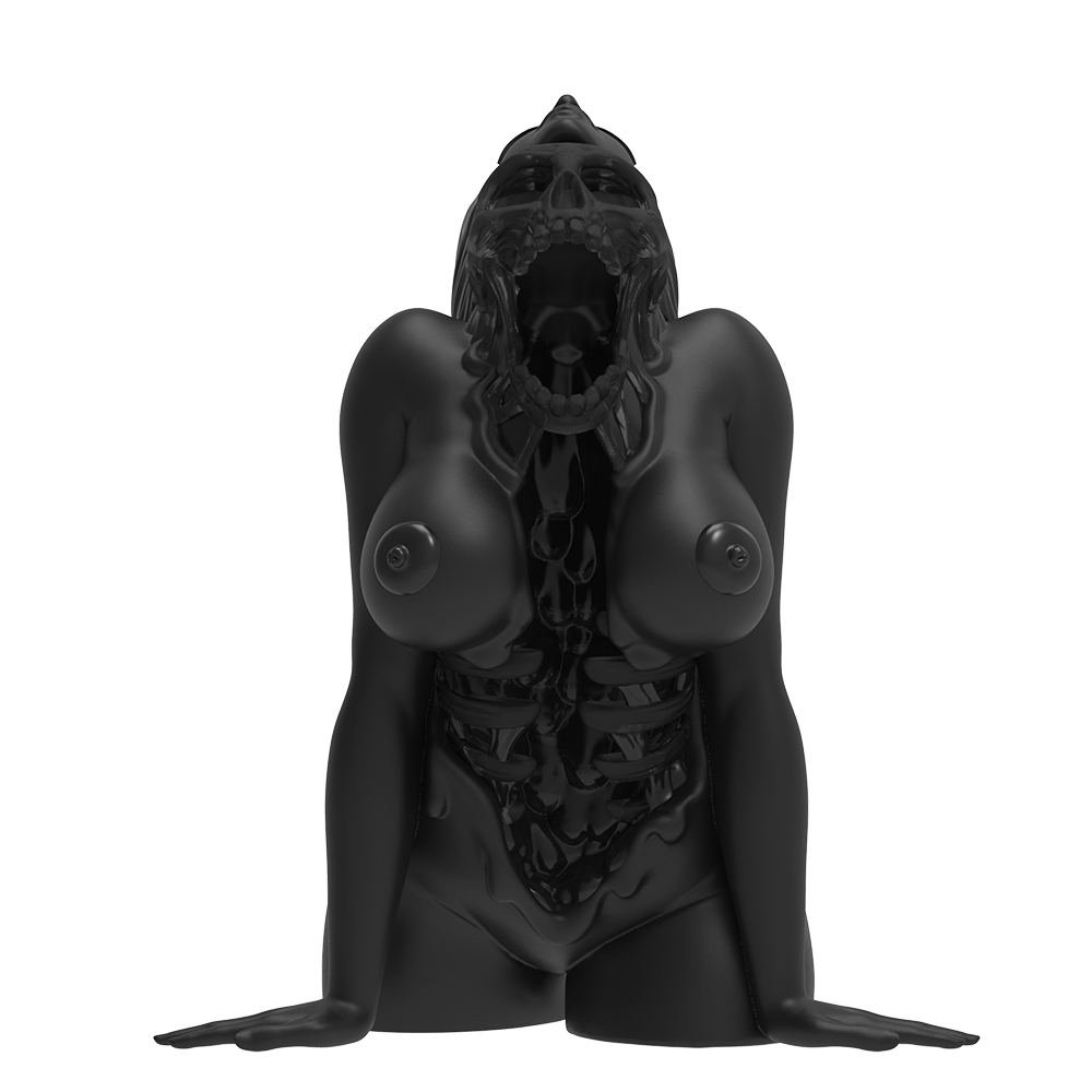 Black sculpted female figure with exposed skeletal torso and skull emerging from her head, with a matte and glossy finish.
