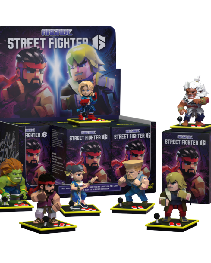 Street Fighter Arcade figures including Ryu, Chun-Li, Guile, Blanka, Ken, and more posed around packaging boxes.