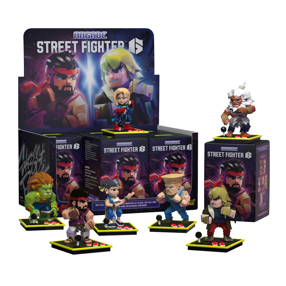 Street Fighter Arcade figures including Ryu, Chun-Li, Guile, Blanka, Ken, and more posed around packaging boxes.