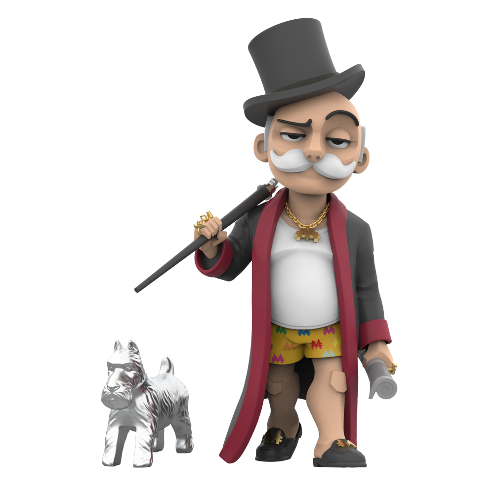 Mr. Monopoly in robe and shorts holding a cane and coffee, with a Scottie Dog companion at his side in a relaxed pose.