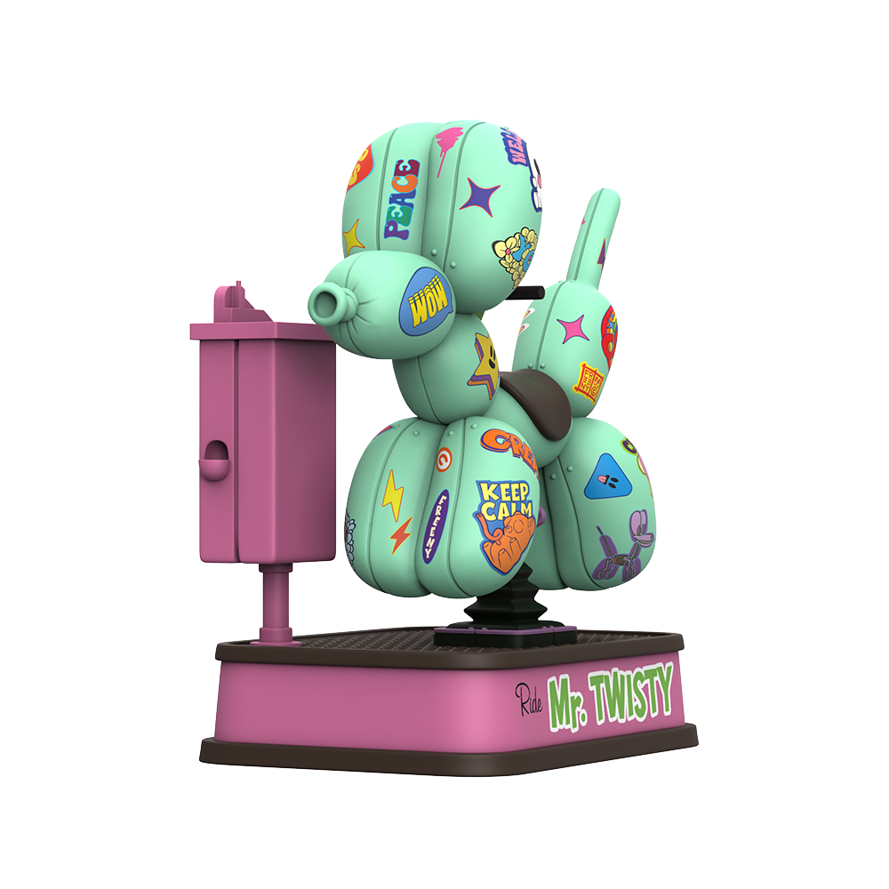 Teal balloon dog collectible decorated with Jason Freeny’s pop-art decals on a pink kiddie ride base with a coin box.