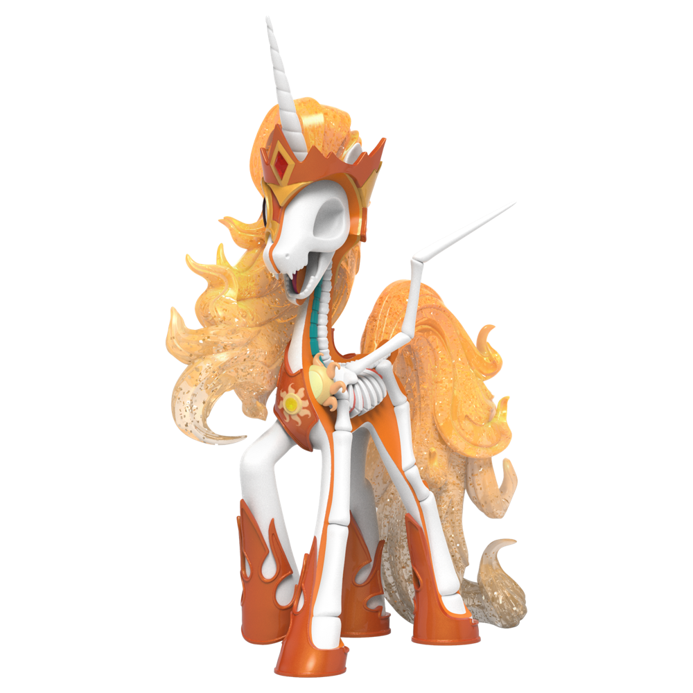 Daybreaker with semi-translucent glittering orange mane, metallic flame detailing, and Freeny’s signature dissected anatomy.