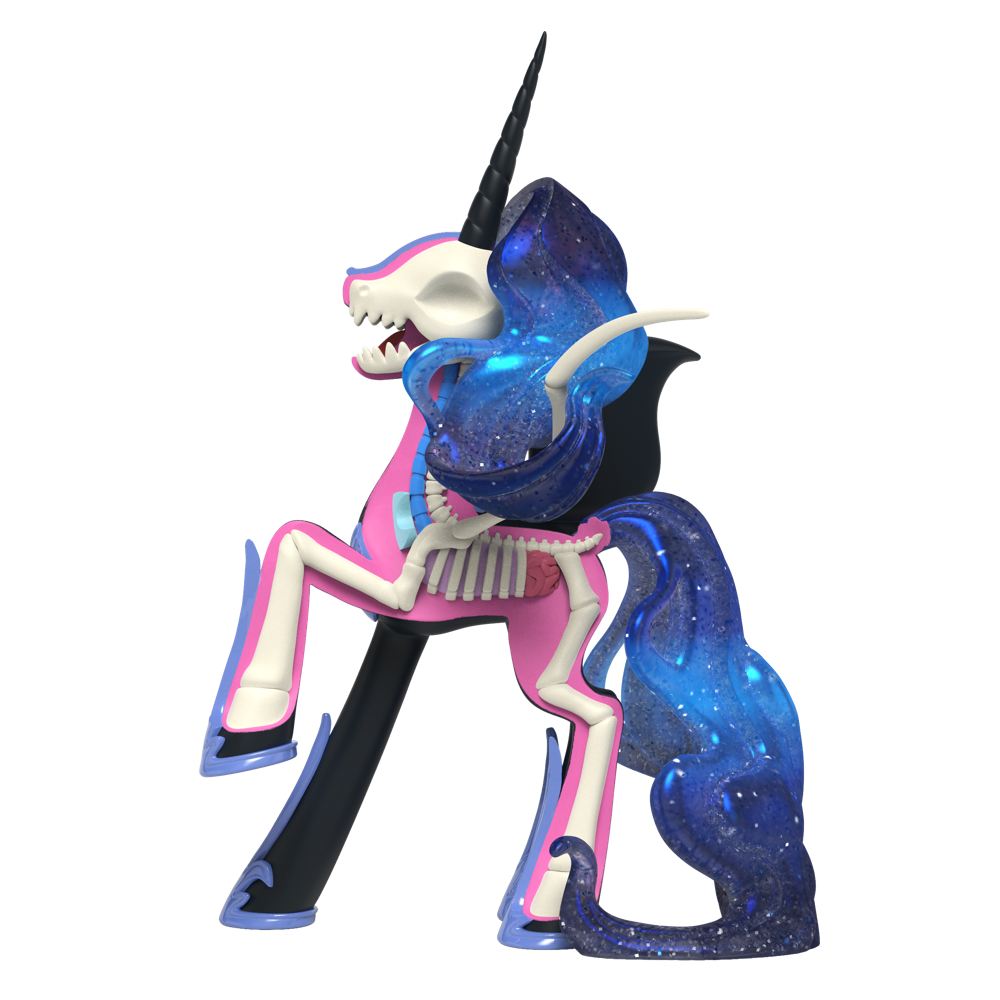 Nightmare Moon figure with semi-translucent glittering dark blue mane, half-dissected anatomy, standing in a raised pose.