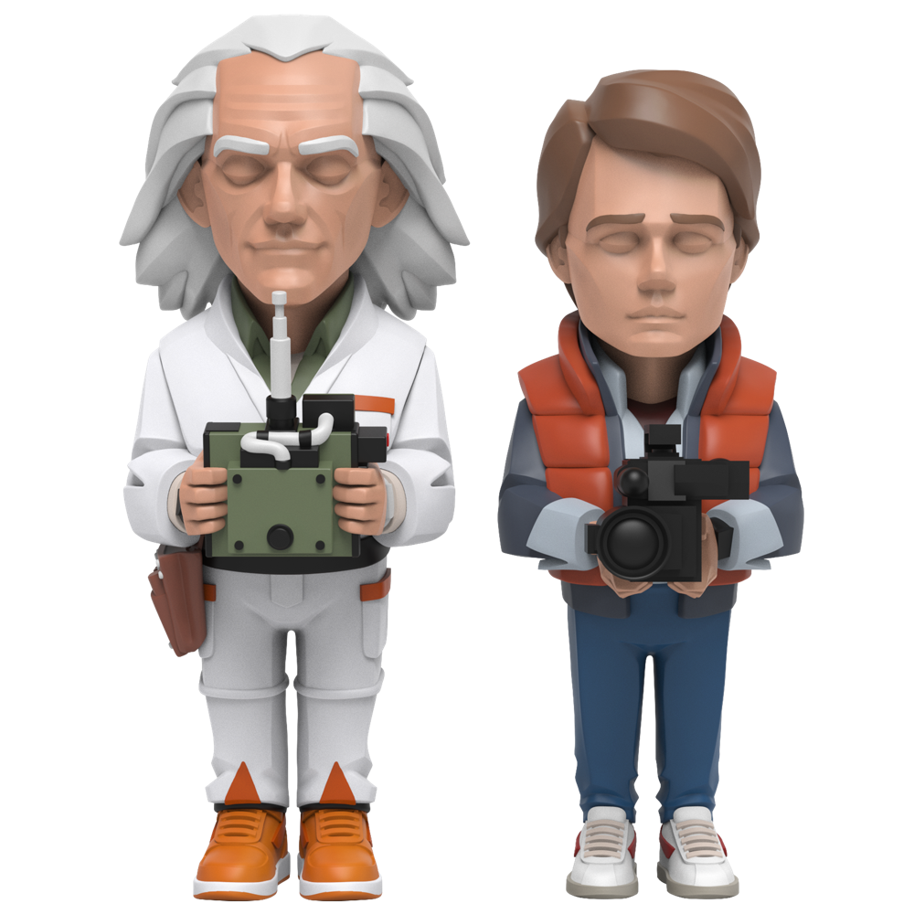Back to the Future figures of Doc Brown with remote control and Marty McFly in red vest holding a camera.