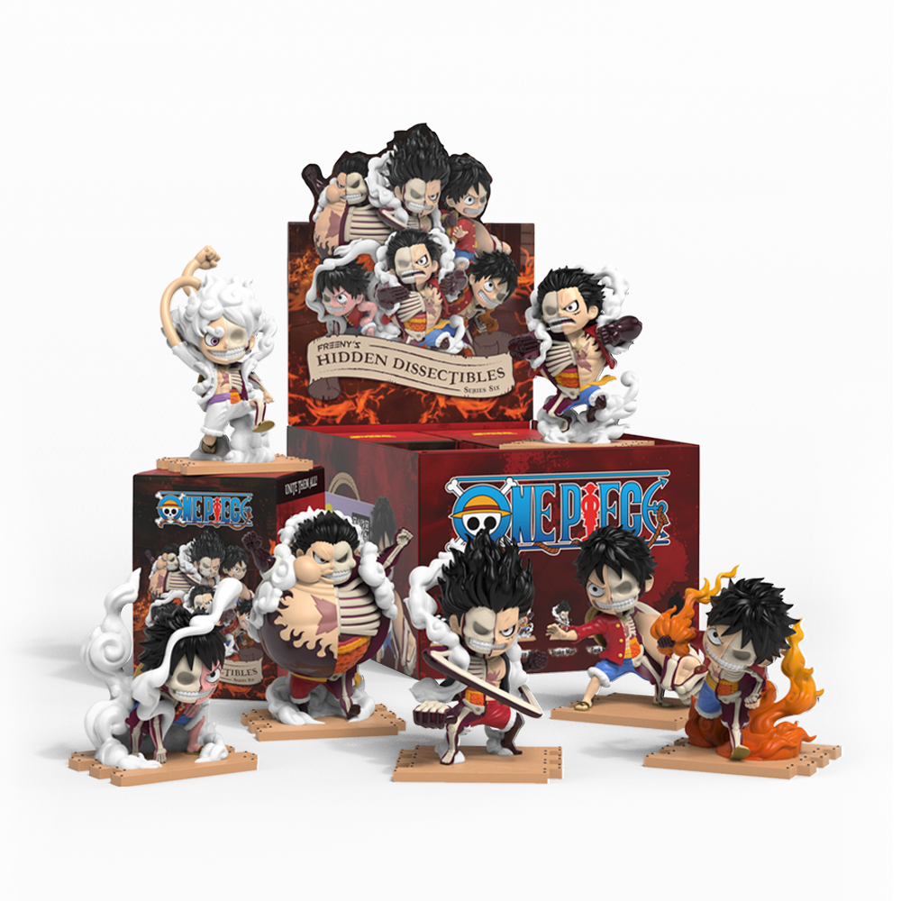 One Piece Hidden Dissectibles set by Jason Freeny featuring Luffy figures in multiple Gear forms with packaging boxes.