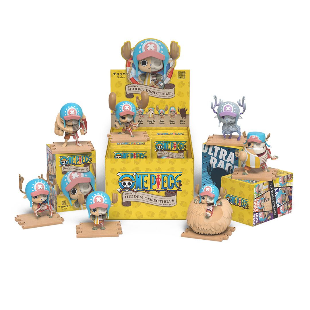 Display of Chopper blind box collectibles in multiple transformation points with tray packaging and printed boxes.