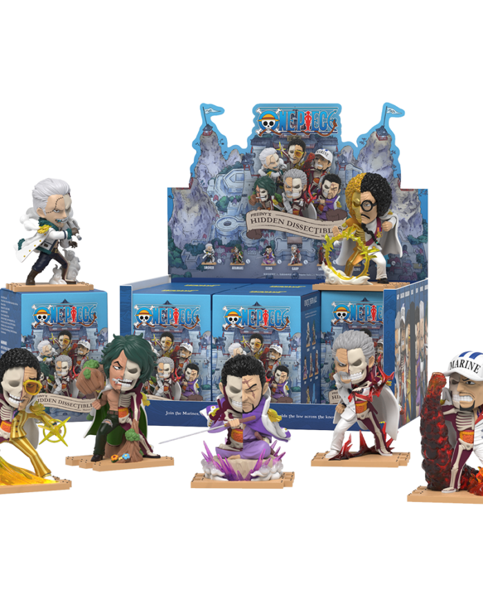 One Piece Marine hidden dissectibles set featuring dynamic figures with elemental effects displayed before product boxes