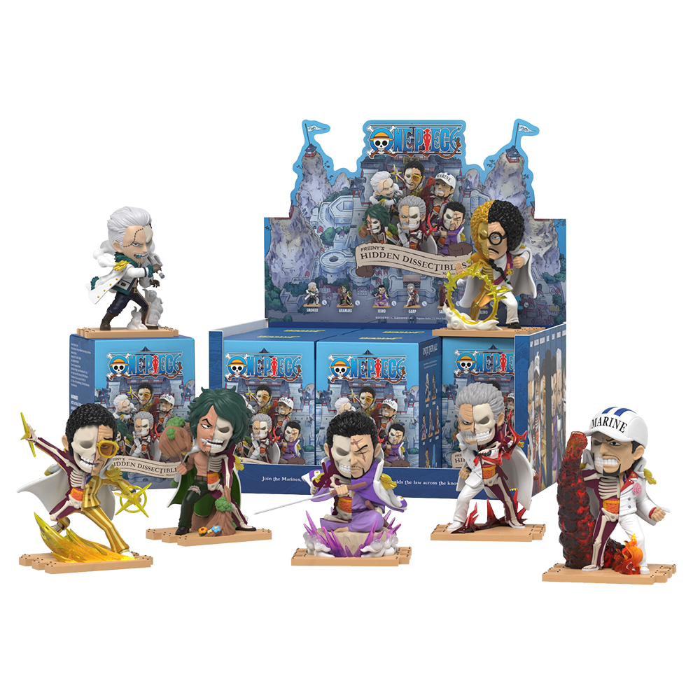 One Piece Marine hidden dissectibles set featuring dynamic figures with elemental effects displayed before product boxes