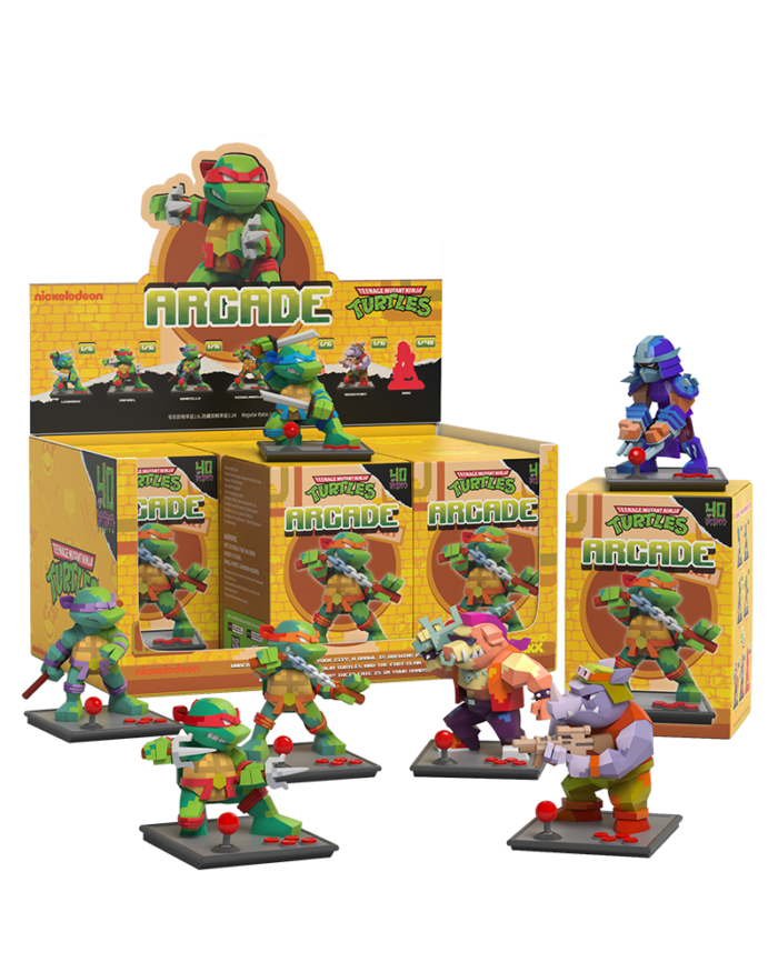 All Teenage Mutant Ninja Turtles arcade-style blind box collectible figurines with Leonardo, Raphael, villains and more.