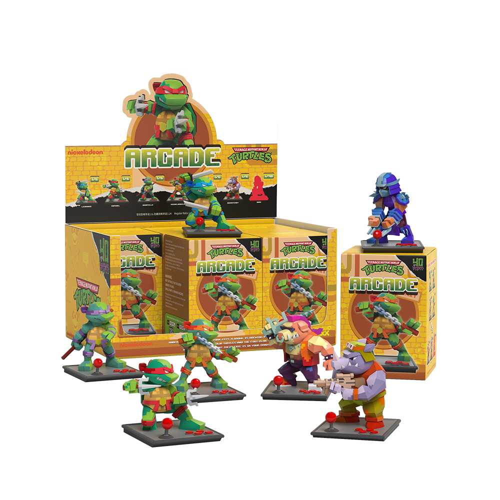 All Teenage Mutant Ninja Turtles arcade-style blind box collectible figurines with Leonardo, Raphael, villains and more.