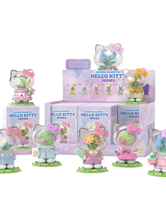 Azuma Makoto: Hello Kitty Series shows Hello Kitty figures with flowers in clear heads, in cute outfits with packaging boxes.