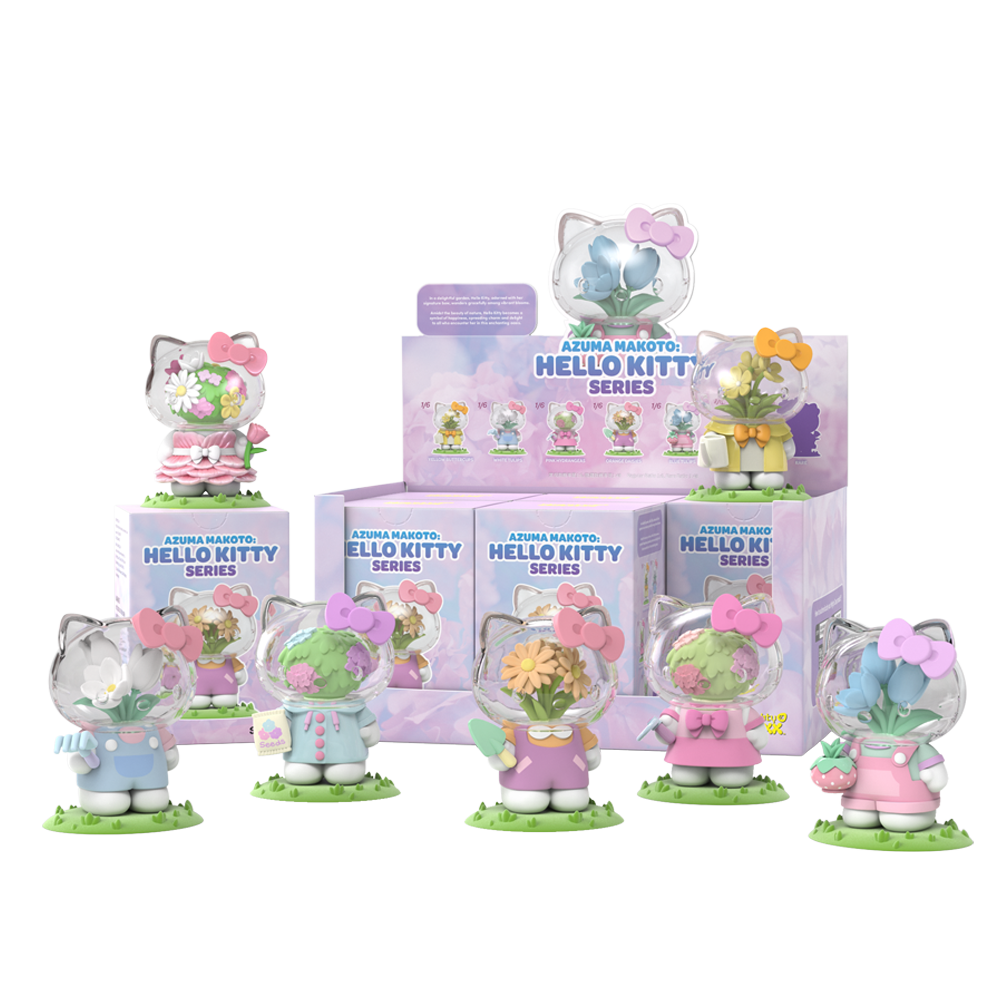 Azuma Makoto: Hello Kitty Series shows Hello Kitty figures with flowers in clear heads, in cute outfits with packaging boxes.