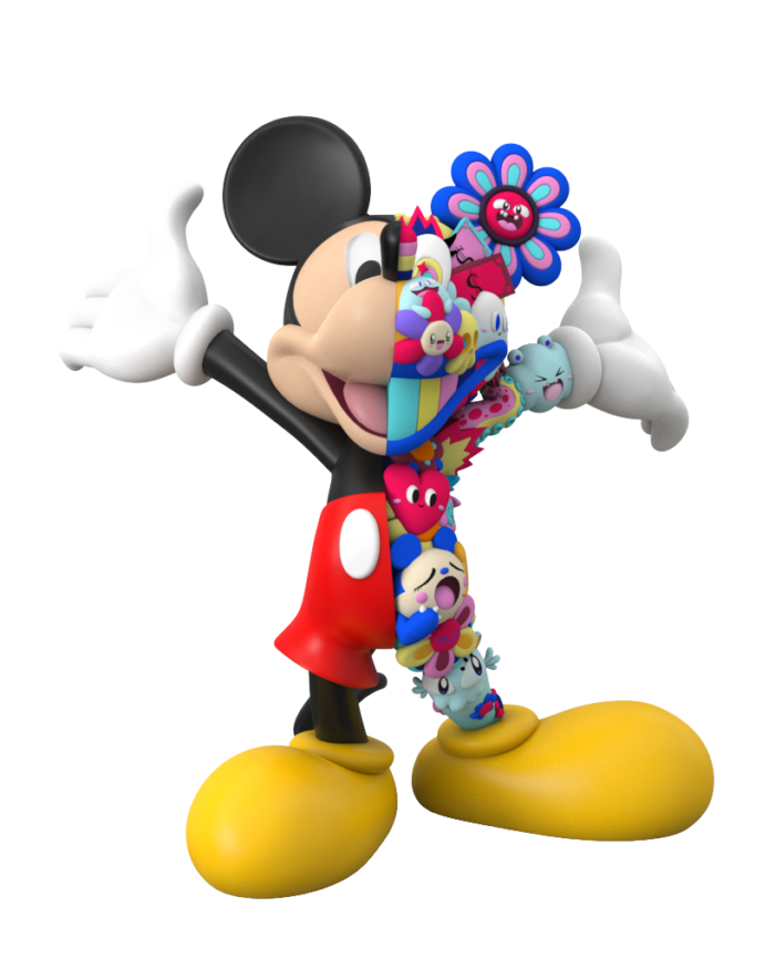 Mickey Mouse figure with half body transformed into colourful whimsical flowers and characters, arms wide in playful pose.