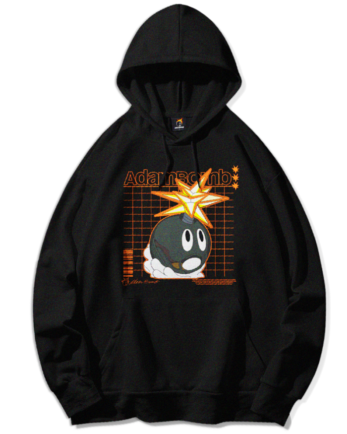 Black hoodie featuring a graphic of Adam Bomb with a lit fuse, orange starburst explosion, set against a retro grid background.