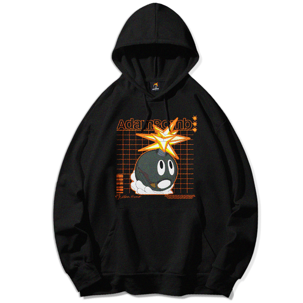 Black hoodie featuring a graphic of Adam Bomb with a lit fuse, orange starburst explosion, set against a retro grid background.