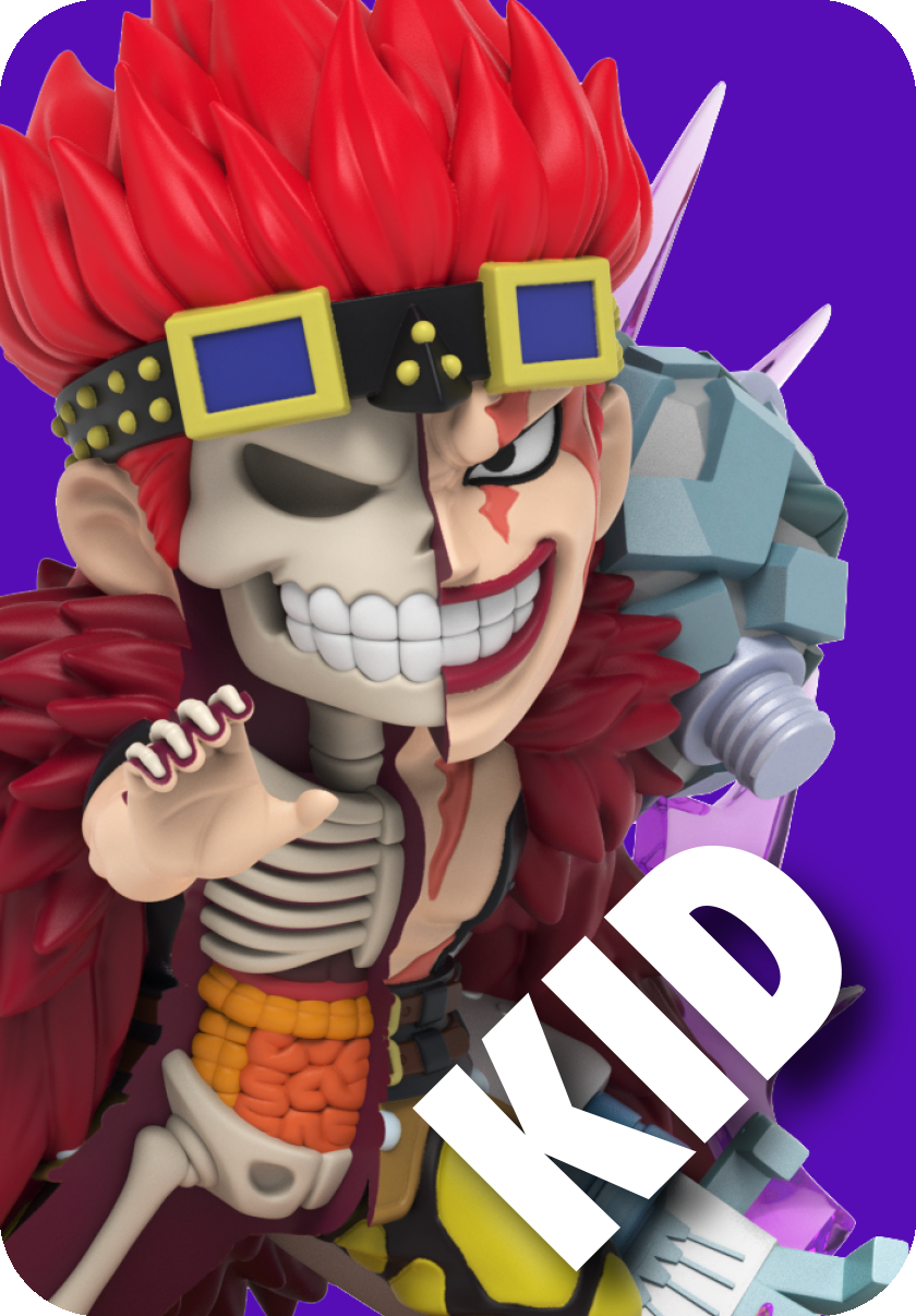 Kid figure, half-skeletal, red spiky hair held up by studded headband, metal arm, smirking against a purple background.