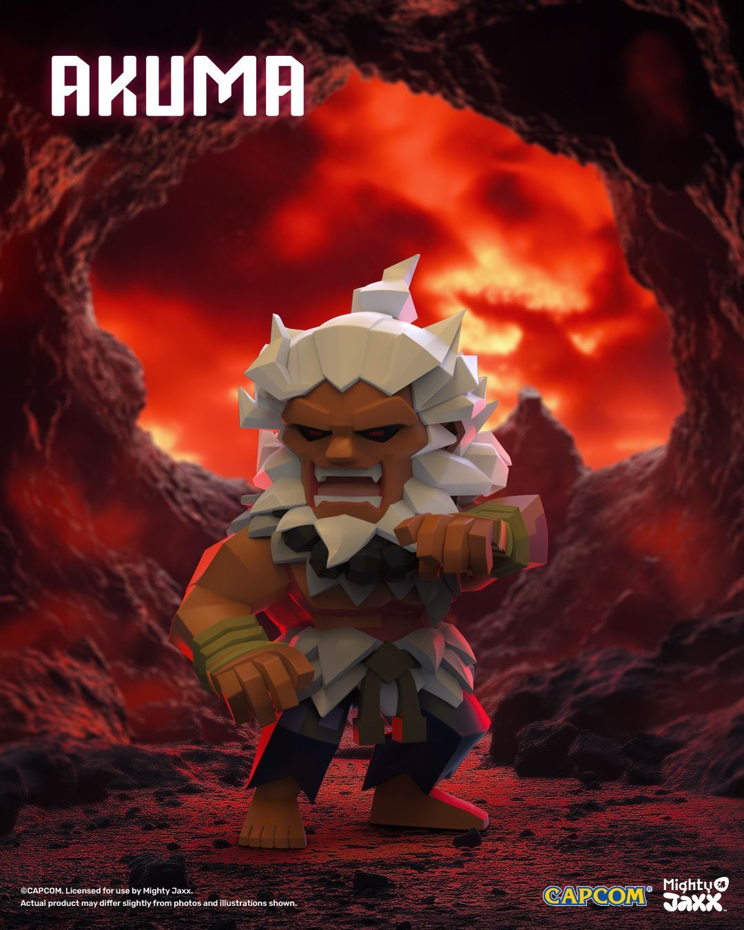 Akuma figure in red gi with white hair and beard, standing fiercely amid swirling red flames and lava.