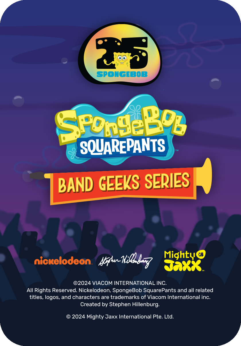Back of Band Geeks Series insert card with SpongeBob 25th Anniversary branding and Nickelodeon plus Mighty Jaxx logos.