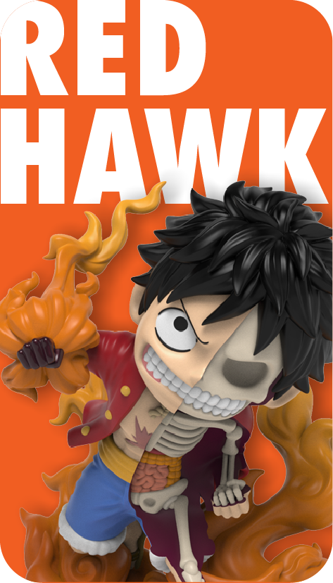 Red Hawk Luffy figure, half normal half skeletal, raising his flaming right fist in a fierce attack pose surrounded by fire