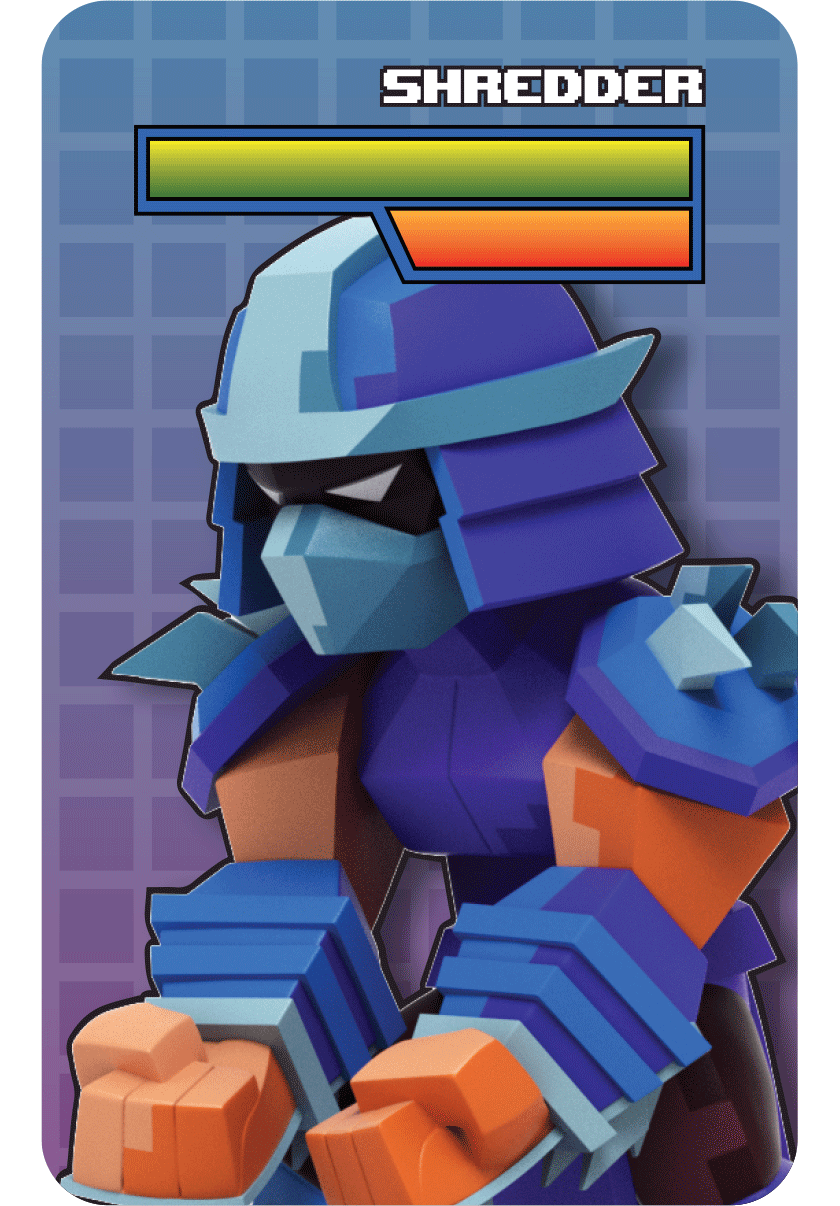 Pixelated Shredder blind box figurine in blue armor with spiked gauntlets, standing ready on a retro arcade backdrop.
