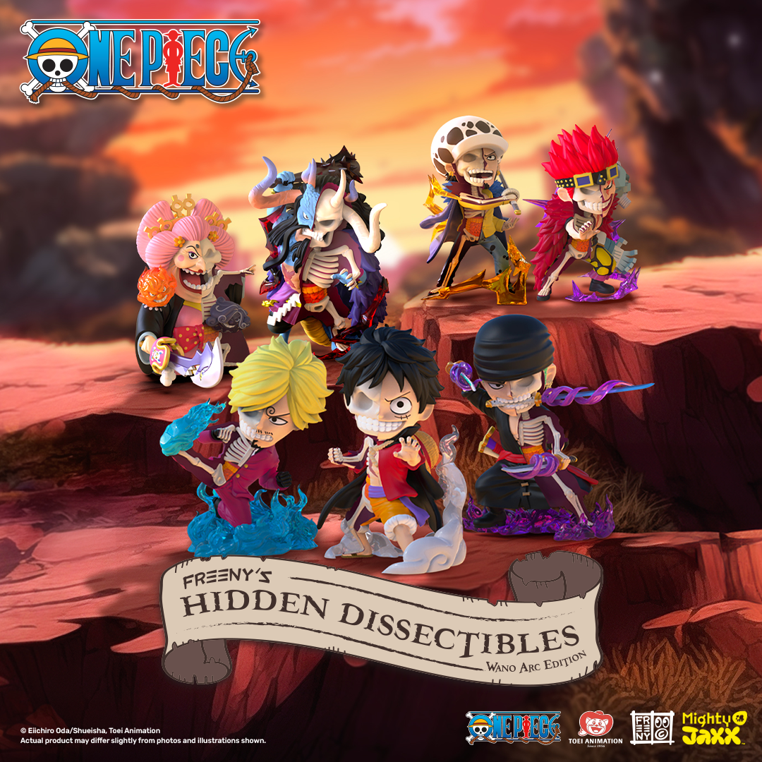 Seven stylized One Piece Hidden Dissectibles figures: Luffy, Sanji, Law, Kid, Kaido, Big Mom, and Zoro, posed dynamically on a desert landscape.