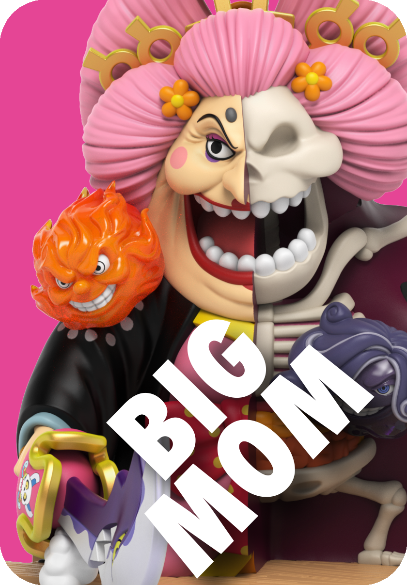 Big Mom figure, half-skeletal, with pink hair, fiery homies, red lips and wide grin against pink background.