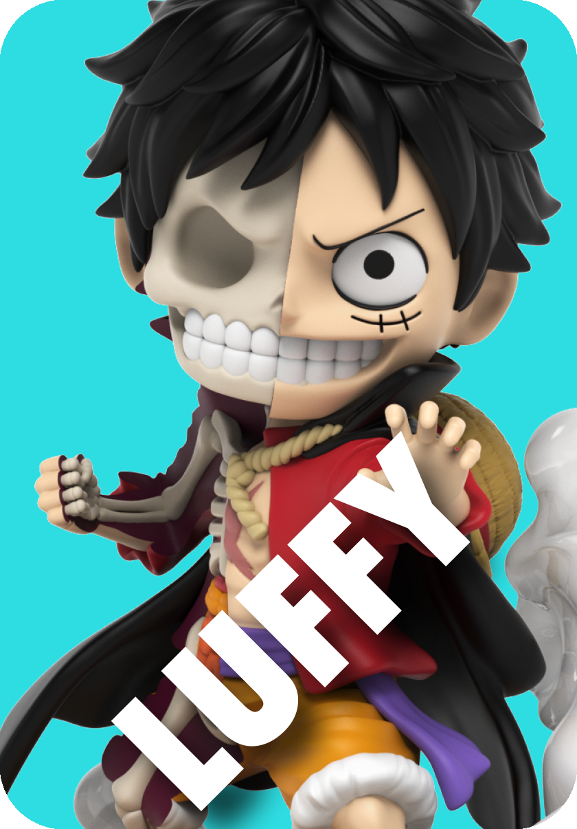 Luffy figure, half-skeletal, in red vest and straw hat, grinning with raised fist against a turquoise background.