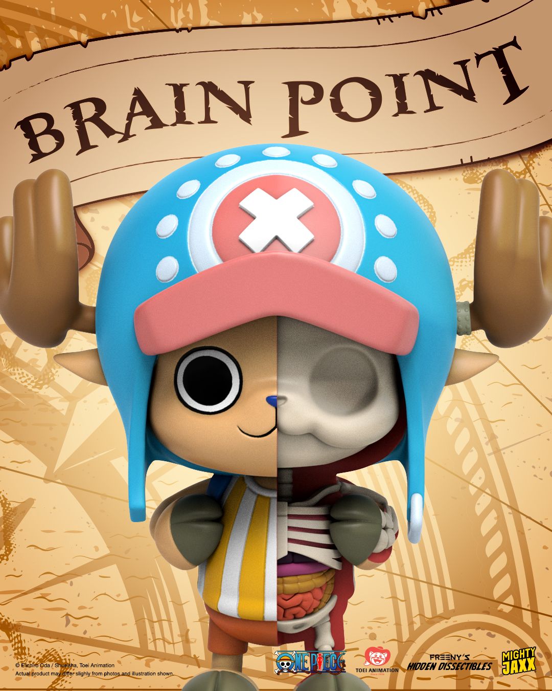 Brain Point Chopper figure, half normal half skeletal, standing with arms forward and wearing his blue antler hat.