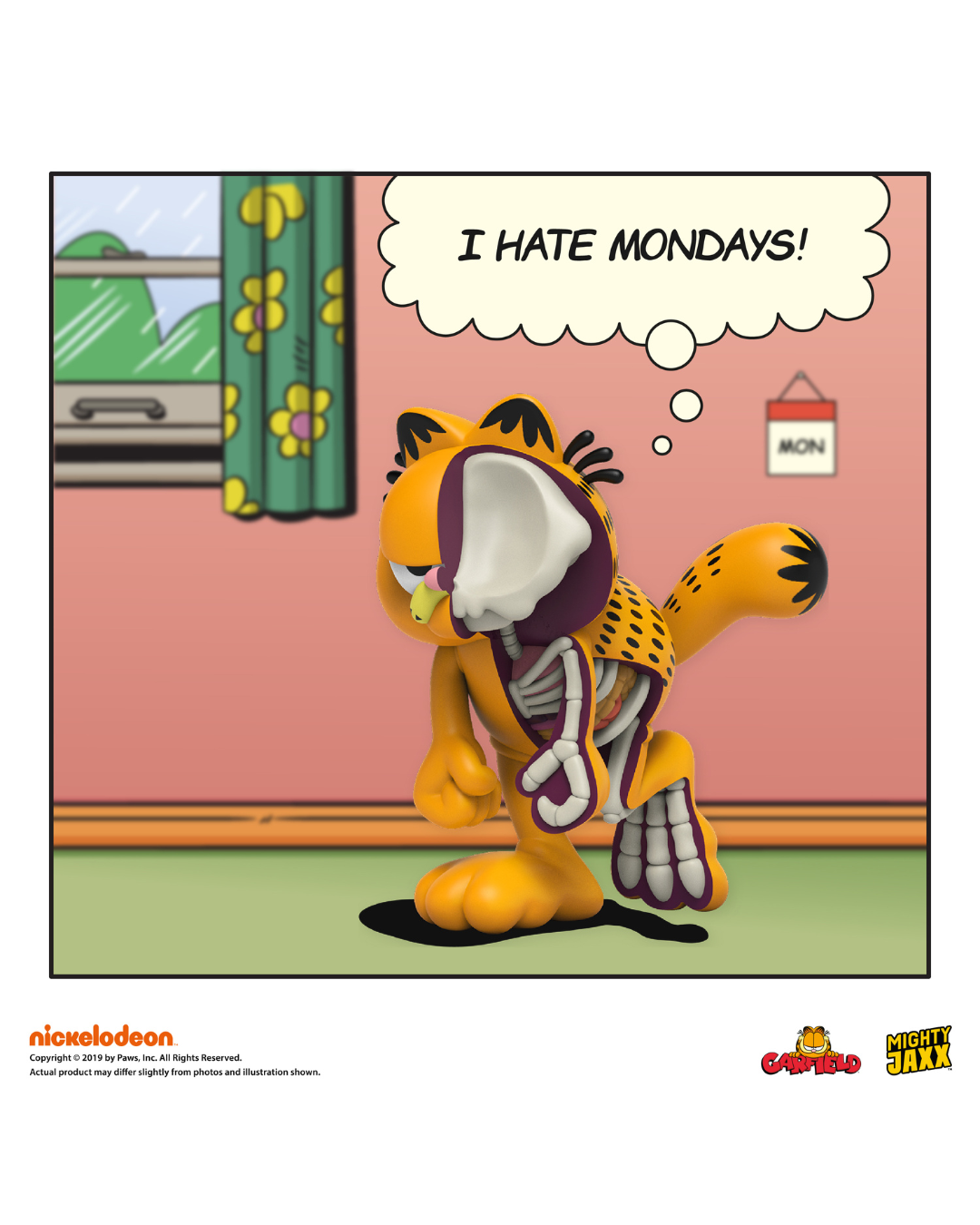 Garfield figure, half skeletal, walking slouched and thinking "I HATE MONDAYS!" in a comic style room.