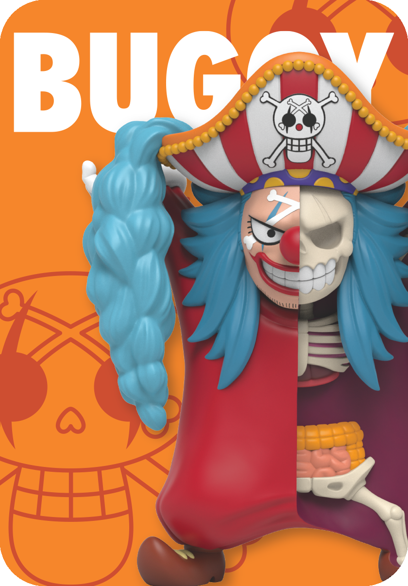 Buggy from One Piece figurine, half clown and half skeleton, wearing a pirate hat with arms outstretched to the sky.