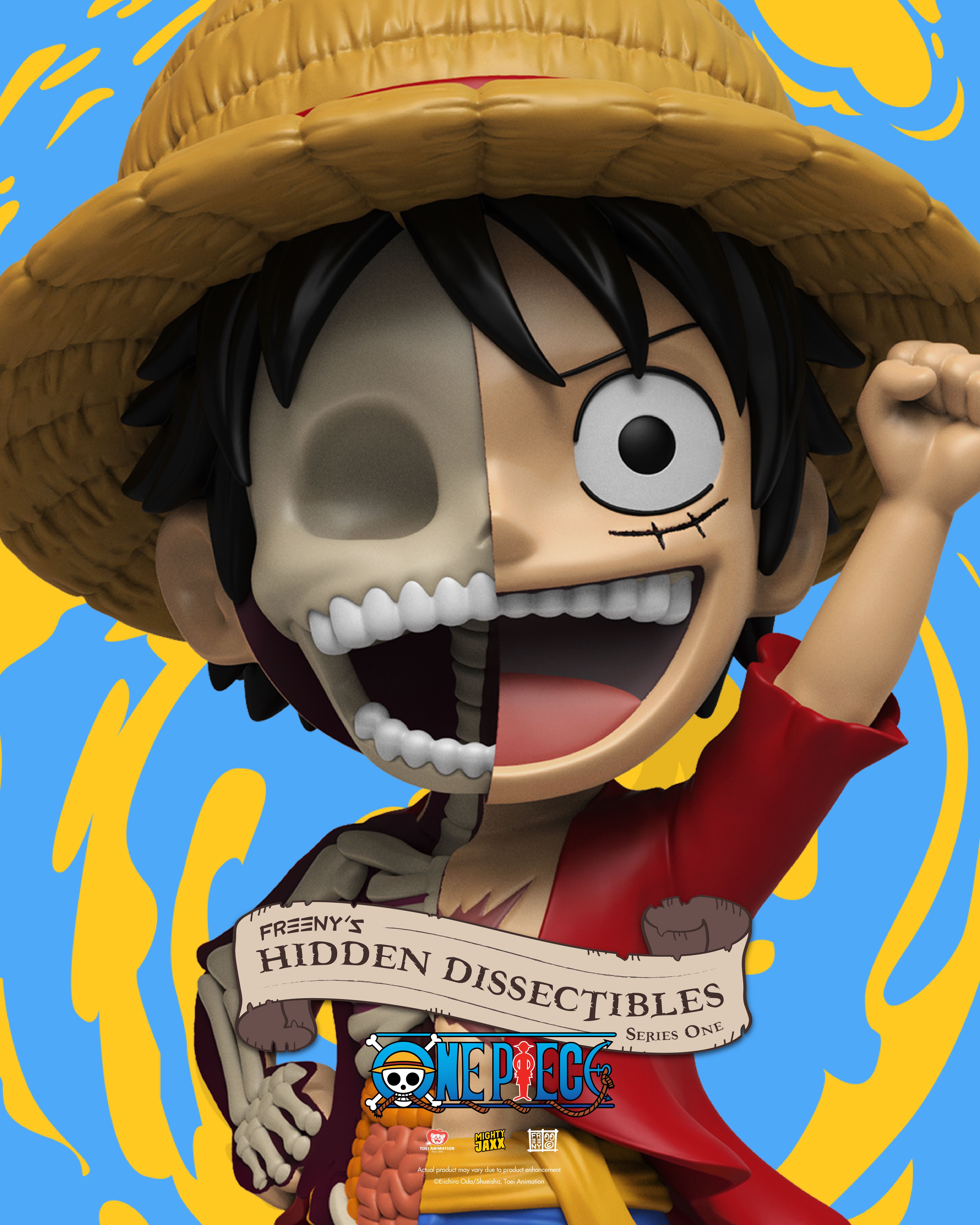 Luffy One Piece blind box collectible in Jason Freeny’s dissected style, straw hat on and charging forward with energy.