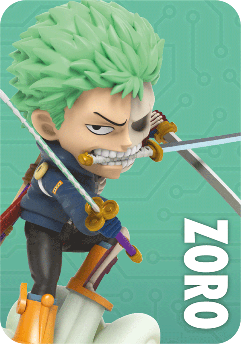 Zoro figure, half skeletal, in a fighting stance and holding a sword in each hand while biting down on another in his mouth.