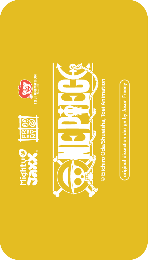 One Piece x Mighty Jaxx logo card with skull emblem, Toei Animation branding and artist Jason Freeny credits