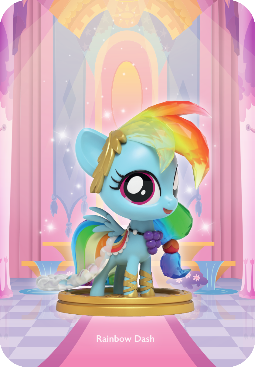 Rainbow Dash figure in a white and gold gala outfit with rainbow mane, wings spread in a pastel hall.
