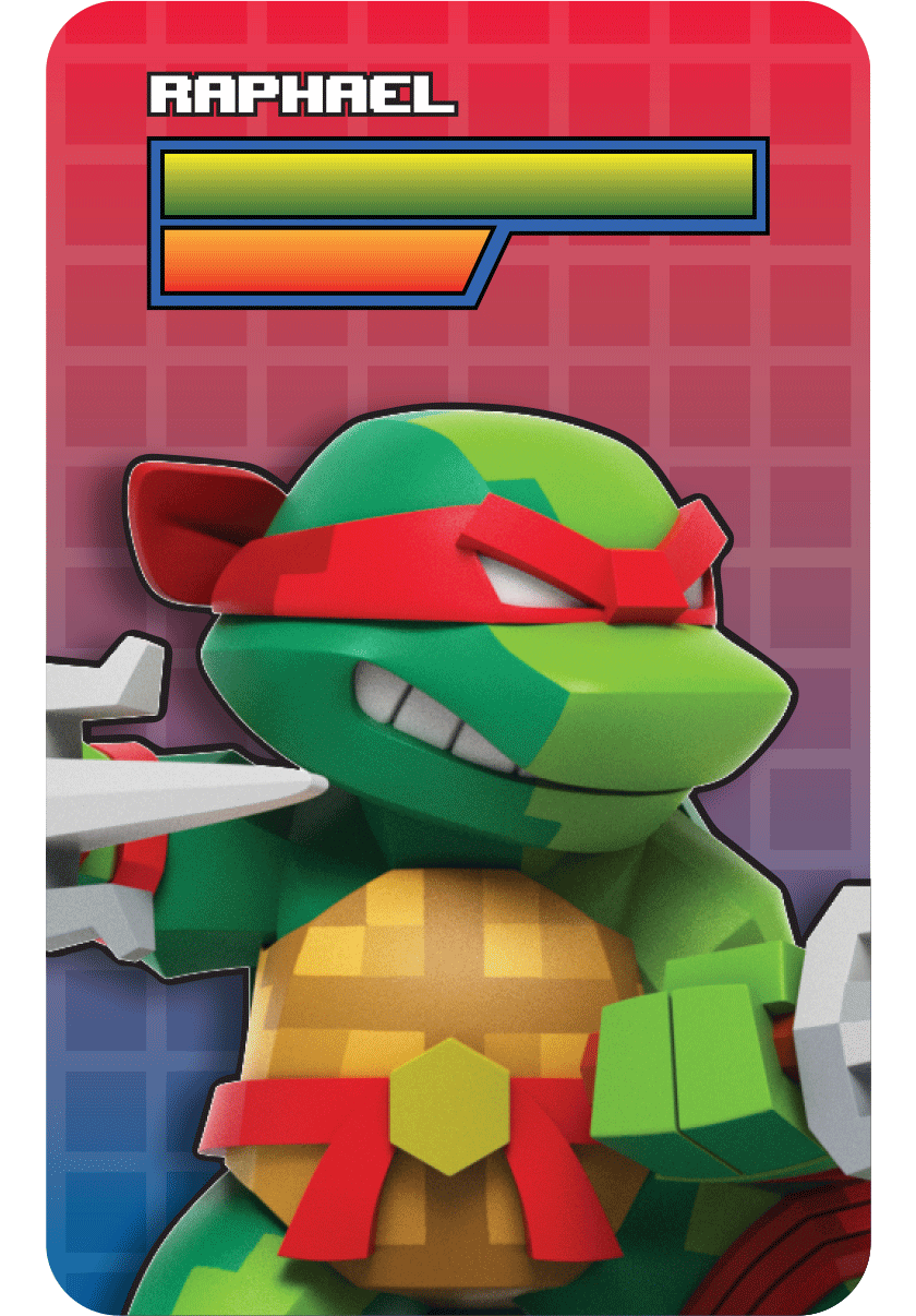 Pixelated Raphael blind box figurine with red bandana and twin sais, posed dynamically on a colorful backdrop.