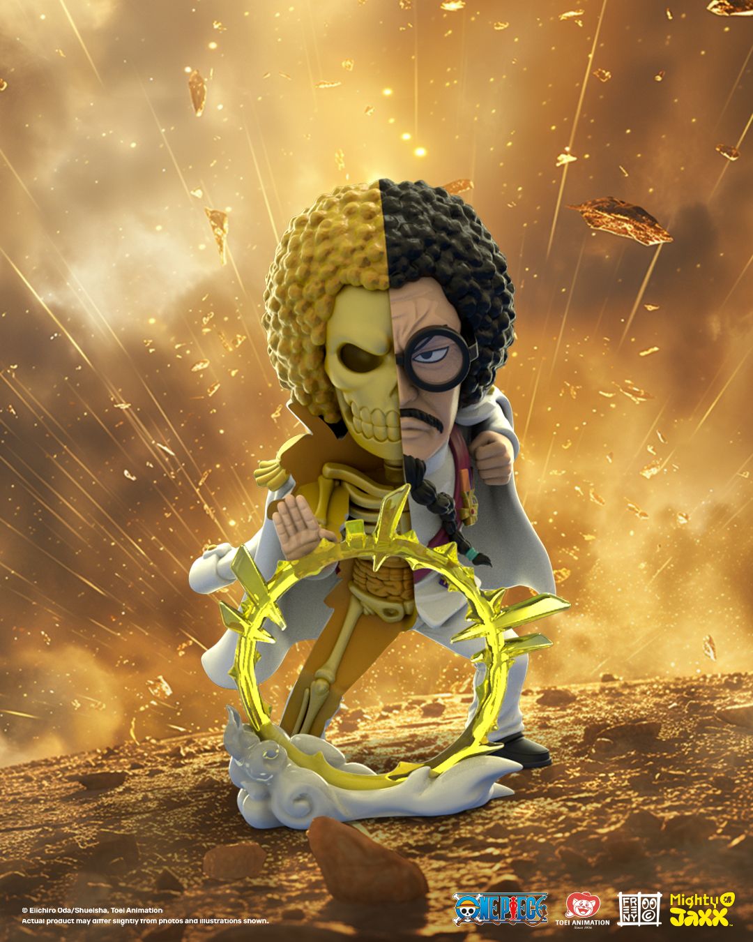 Sengoku figure, half-skeletal with black and golden hair, unleashing a golden shockwave against a radiant gold backdrop