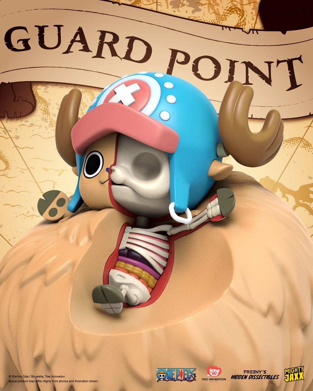 Guard Point Chopper figure, half normal half skeletal, curled inside his large fluffy fur body in a defensive pose.