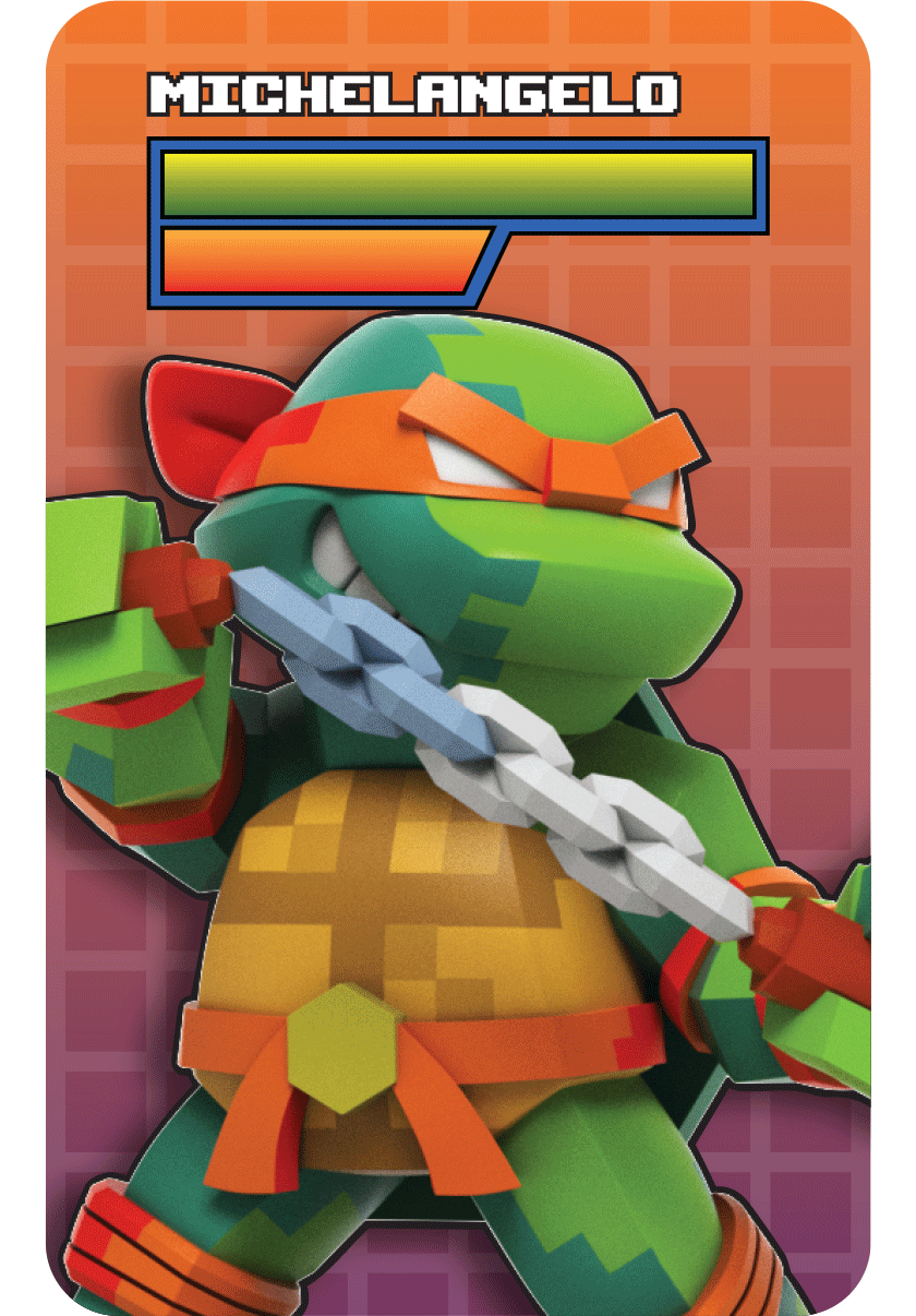 Pixelated Michelangelo blindbox figure with an orange bandana and nunchucks, posed dynamically against a colorful background.