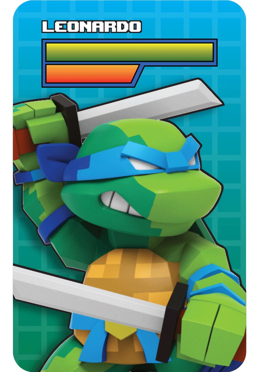 Pixelated Leonardo blind box figurine with blue bandana and dual katanas, posed dynamically on a colorful backdrop.