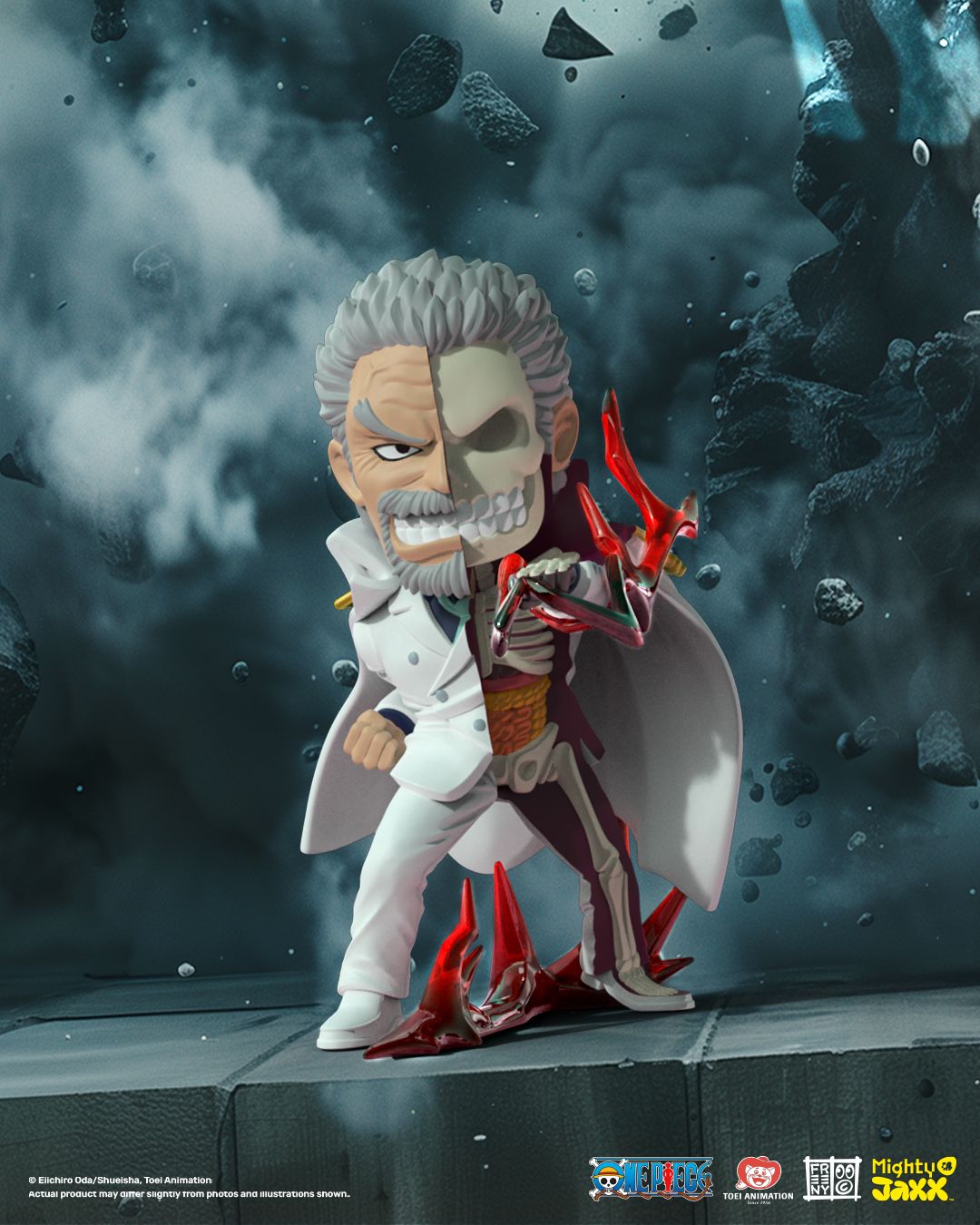 Garp figure, half-skeletal in white coat, standing on cracked ground with red energy spikes amid floating debris