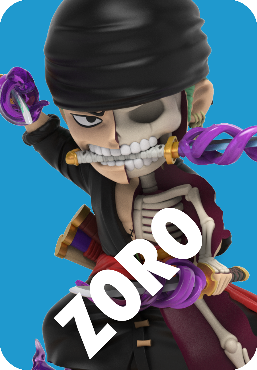 Zoro figure, half-skeletal, with black bandana and swords drawn, intense gaze against a blue background.